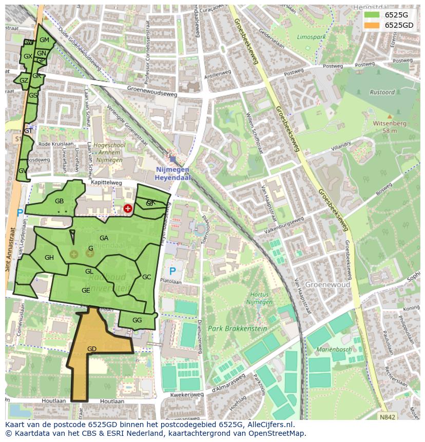 Afbeelding van het postcodegebied 6525 GD op de kaart.