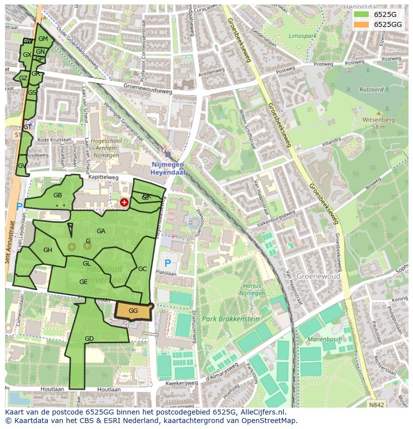 Afbeelding van het postcodegebied 6525 GG op de kaart.