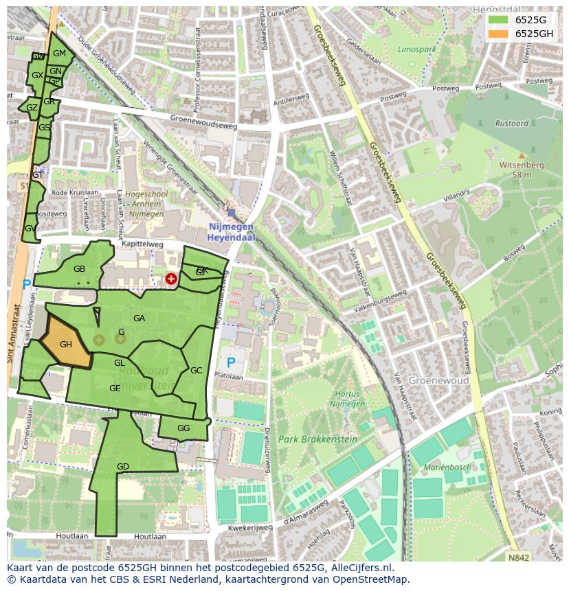 Afbeelding van het postcodegebied 6525 GH op de kaart.