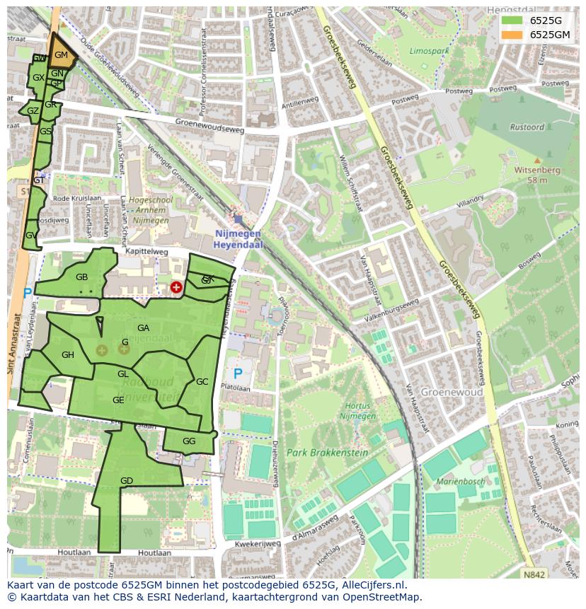 Afbeelding van het postcodegebied 6525 GM op de kaart.
