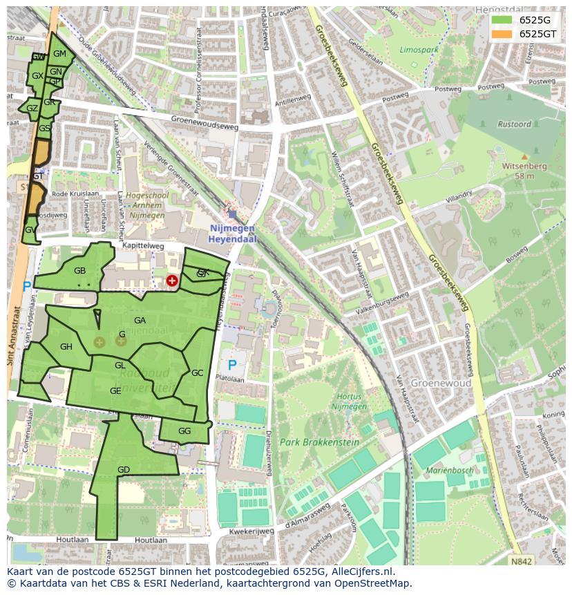 Afbeelding van het postcodegebied 6525 GT op de kaart.