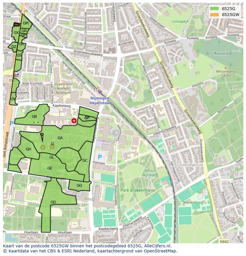 Afbeelding van het postcodegebied 6525 GW op de kaart.
