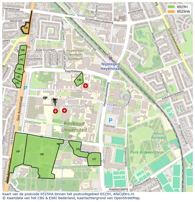 Afbeelding van het postcodegebied 6525 HA op de kaart.