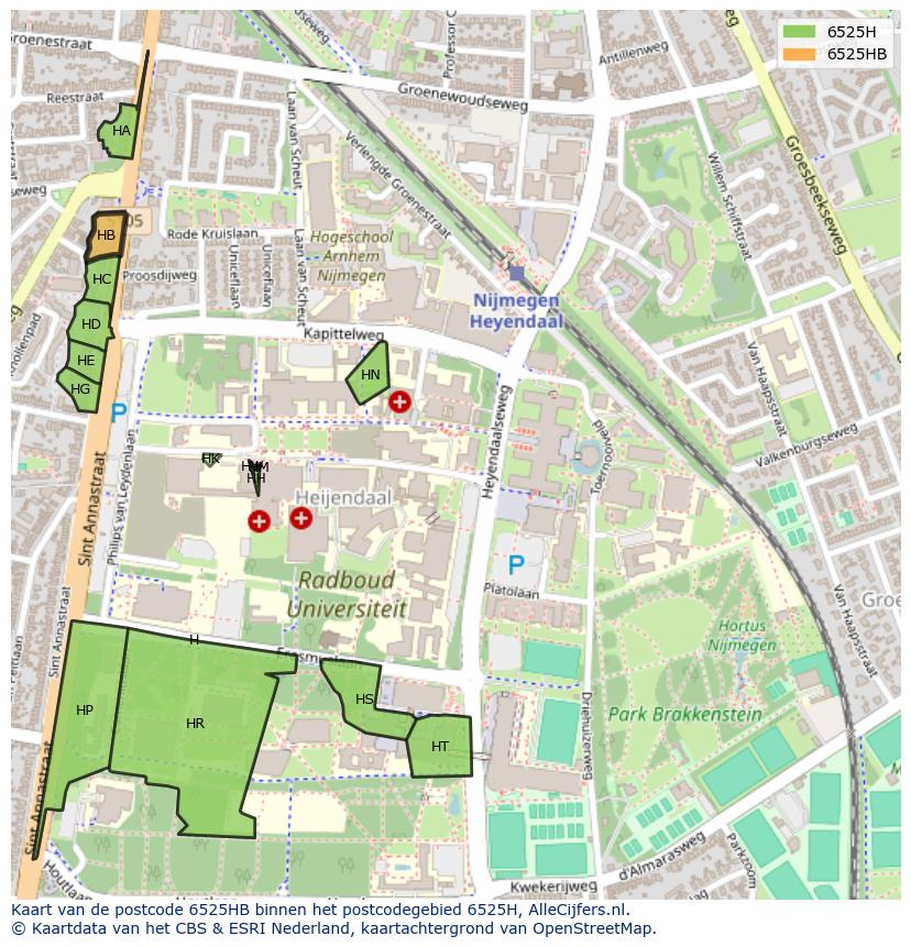 Afbeelding van het postcodegebied 6525 HB op de kaart.