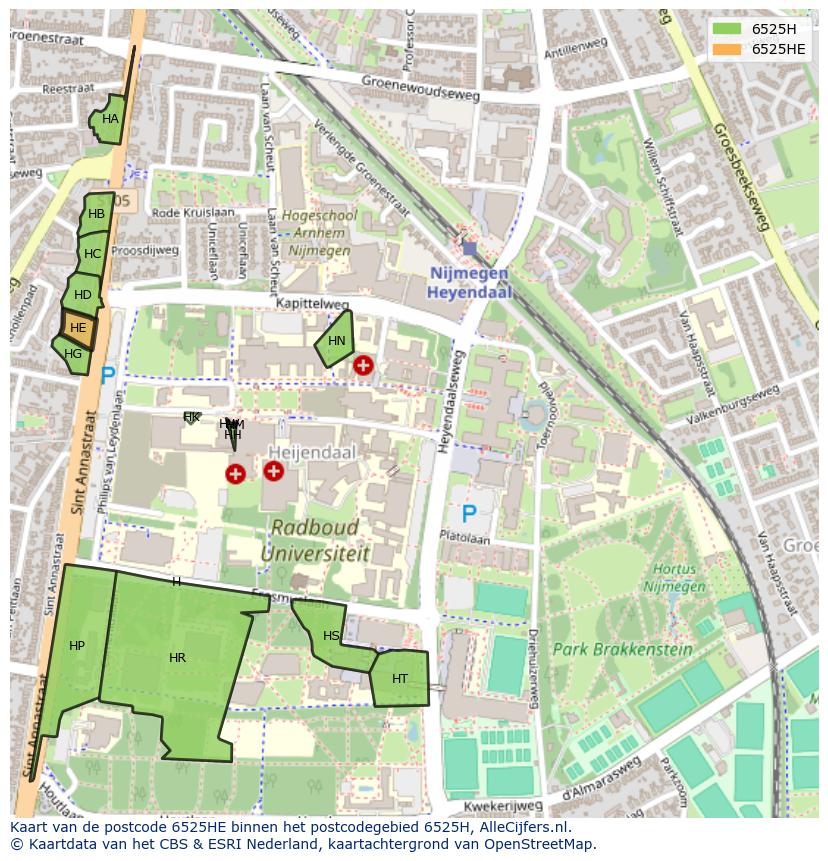 Afbeelding van het postcodegebied 6525 HE op de kaart.
