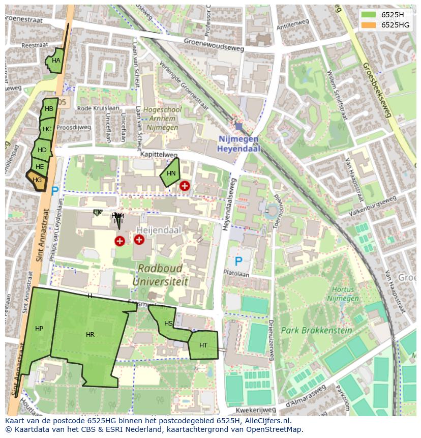 Afbeelding van het postcodegebied 6525 HG op de kaart.