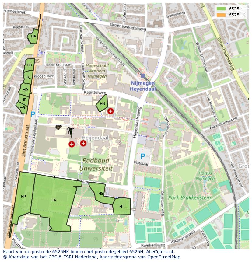 Afbeelding van het postcodegebied 6525 HK op de kaart.