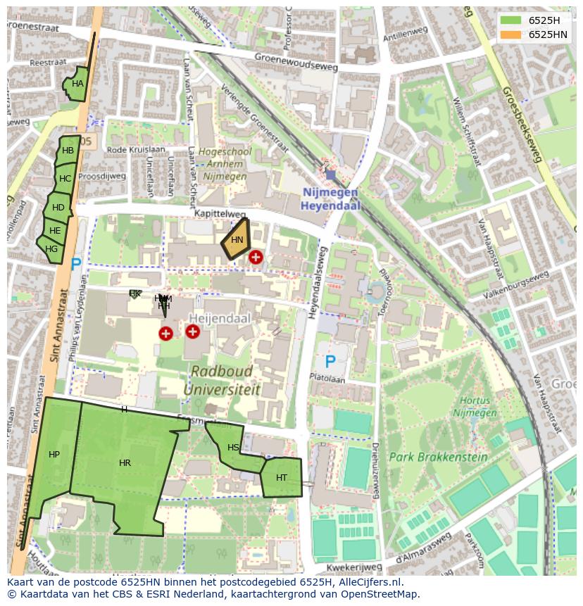 Afbeelding van het postcodegebied 6525 HN op de kaart.
