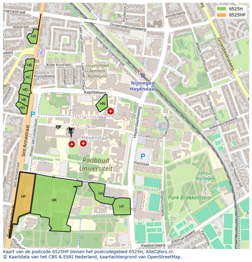 Afbeelding van het postcodegebied 6525 HP op de kaart.