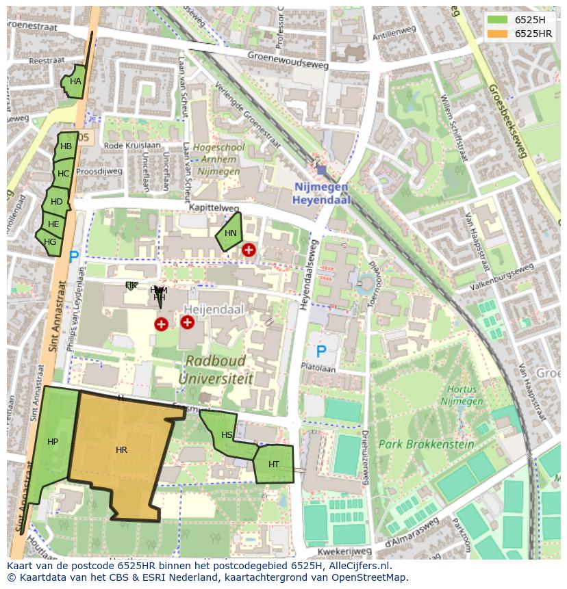 Afbeelding van het postcodegebied 6525 HR op de kaart.