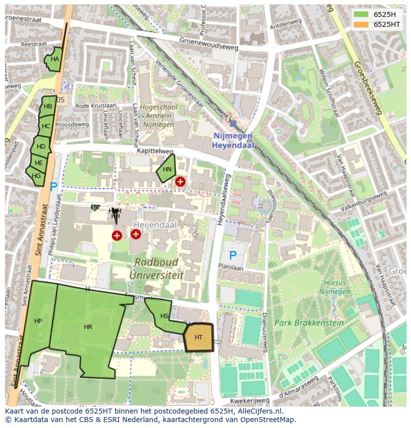 Afbeelding van het postcodegebied 6525 HT op de kaart.