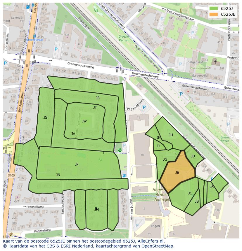 Afbeelding van het postcodegebied 6525 JE op de kaart.