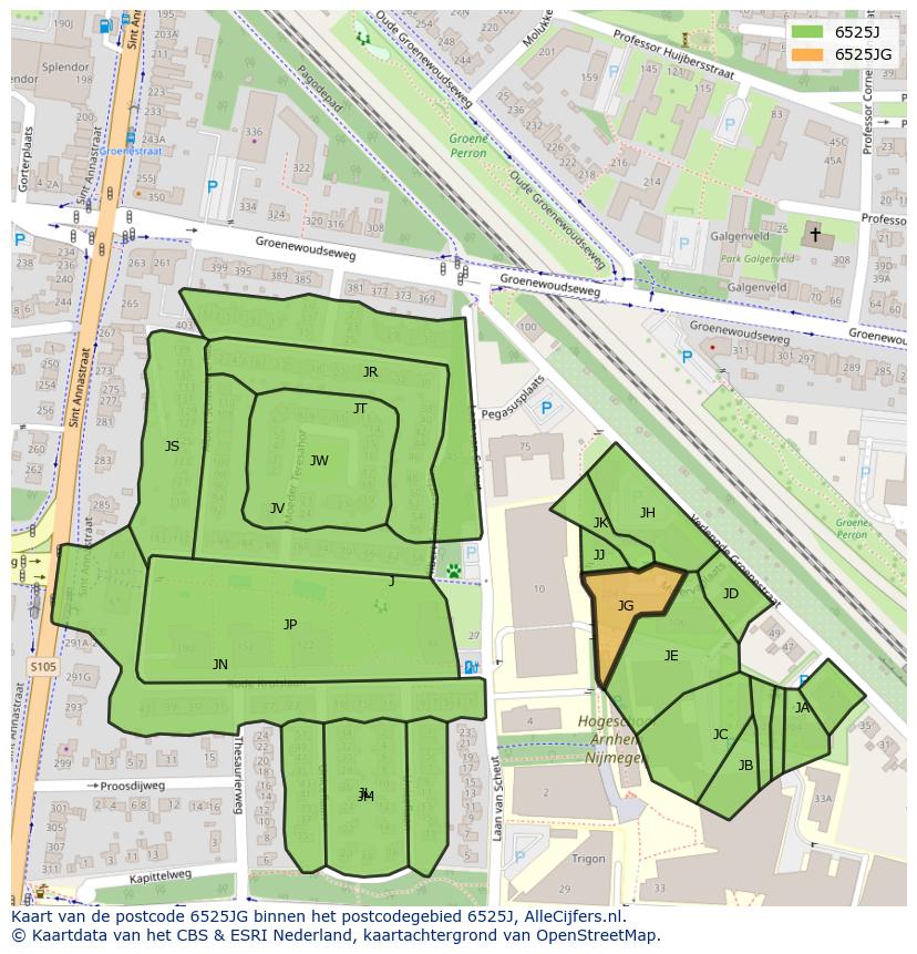 Afbeelding van het postcodegebied 6525 JG op de kaart.
