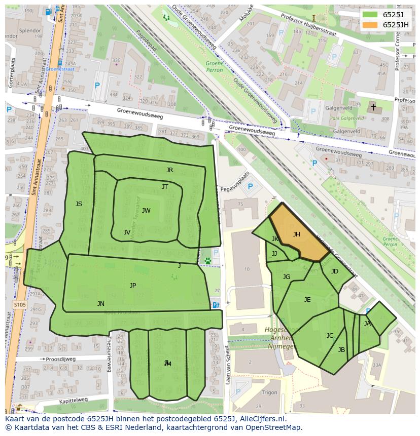 Afbeelding van het postcodegebied 6525 JH op de kaart.