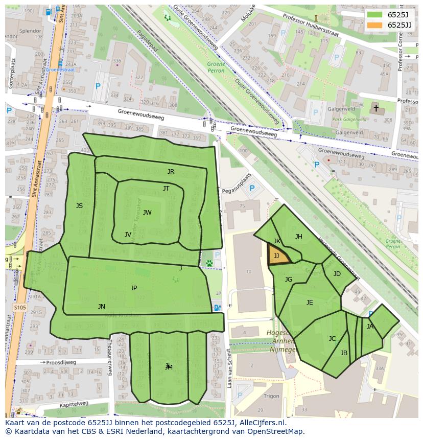 Afbeelding van het postcodegebied 6525 JJ op de kaart.