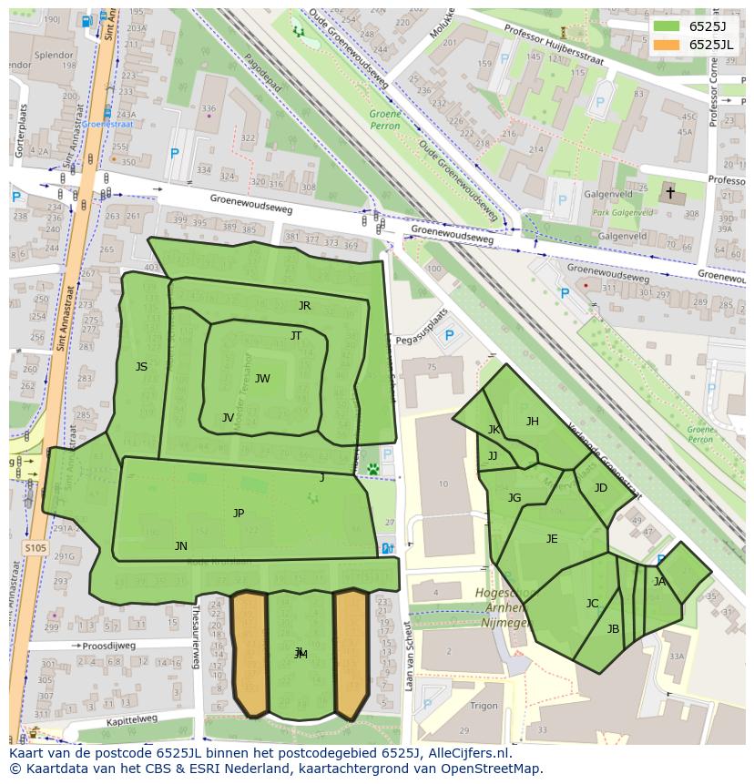 Afbeelding van het postcodegebied 6525 JL op de kaart.