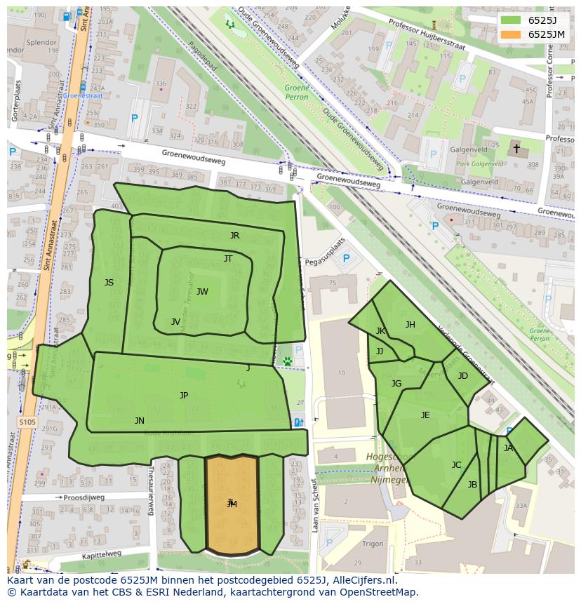 Afbeelding van het postcodegebied 6525 JM op de kaart.