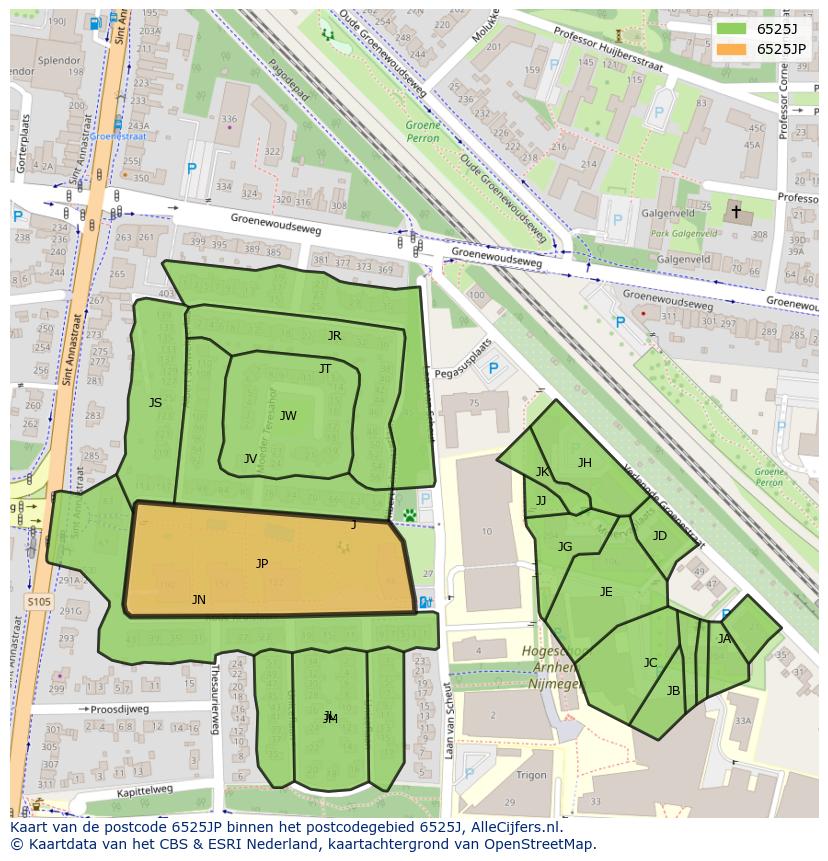 Afbeelding van het postcodegebied 6525 JP op de kaart.
