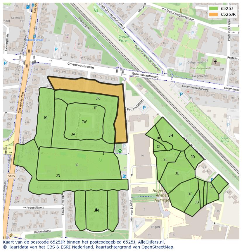 Afbeelding van het postcodegebied 6525 JR op de kaart.