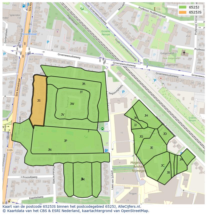 Afbeelding van het postcodegebied 6525 JS op de kaart.
