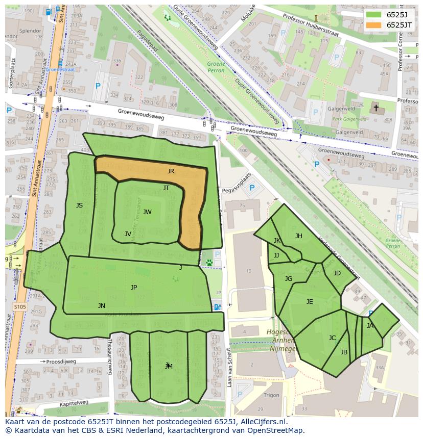 Afbeelding van het postcodegebied 6525 JT op de kaart.