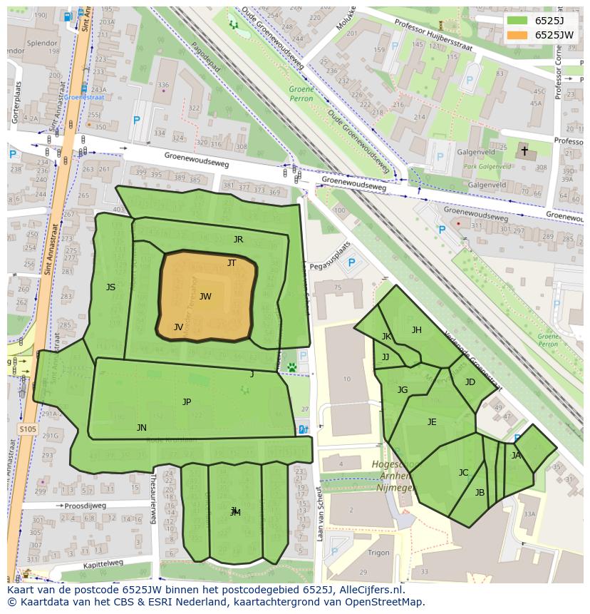 Afbeelding van het postcodegebied 6525 JW op de kaart.