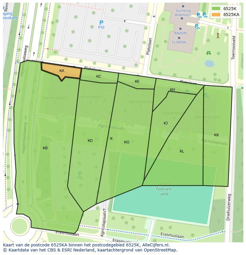 Afbeelding van het postcodegebied 6525 KA op de kaart.