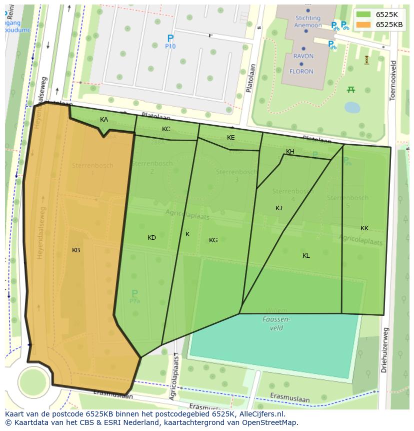 Afbeelding van het postcodegebied 6525 KB op de kaart.
