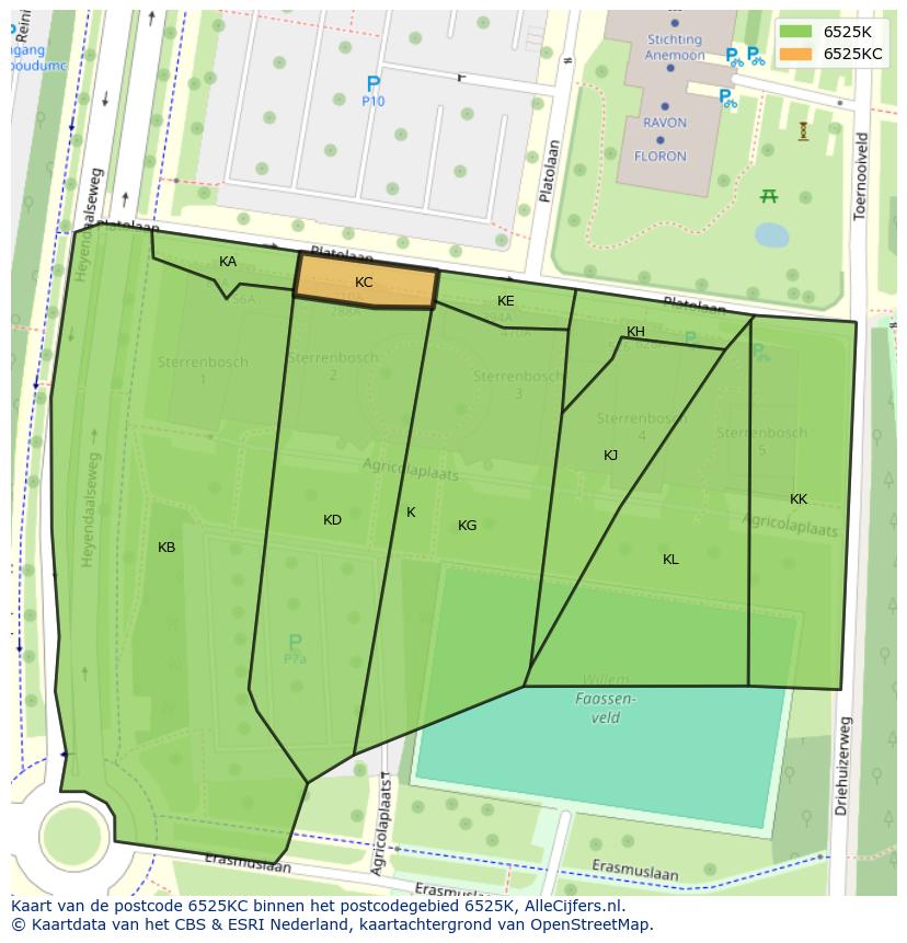 Afbeelding van het postcodegebied 6525 KC op de kaart.