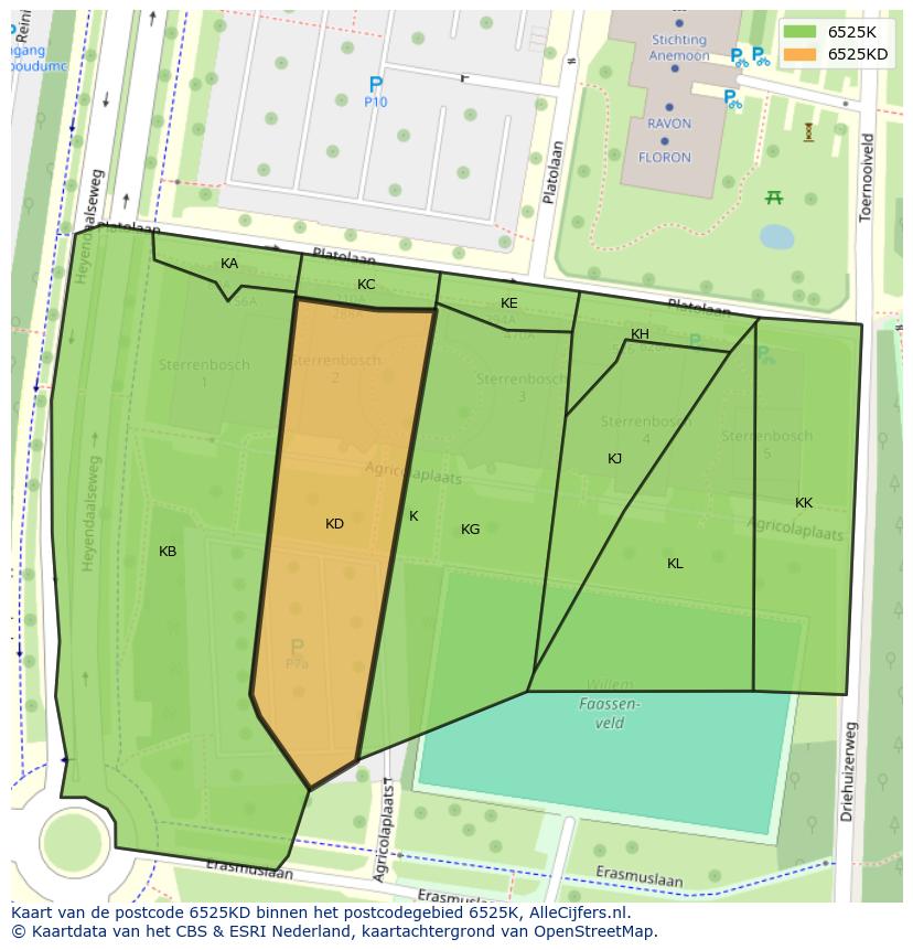 Afbeelding van het postcodegebied 6525 KD op de kaart.