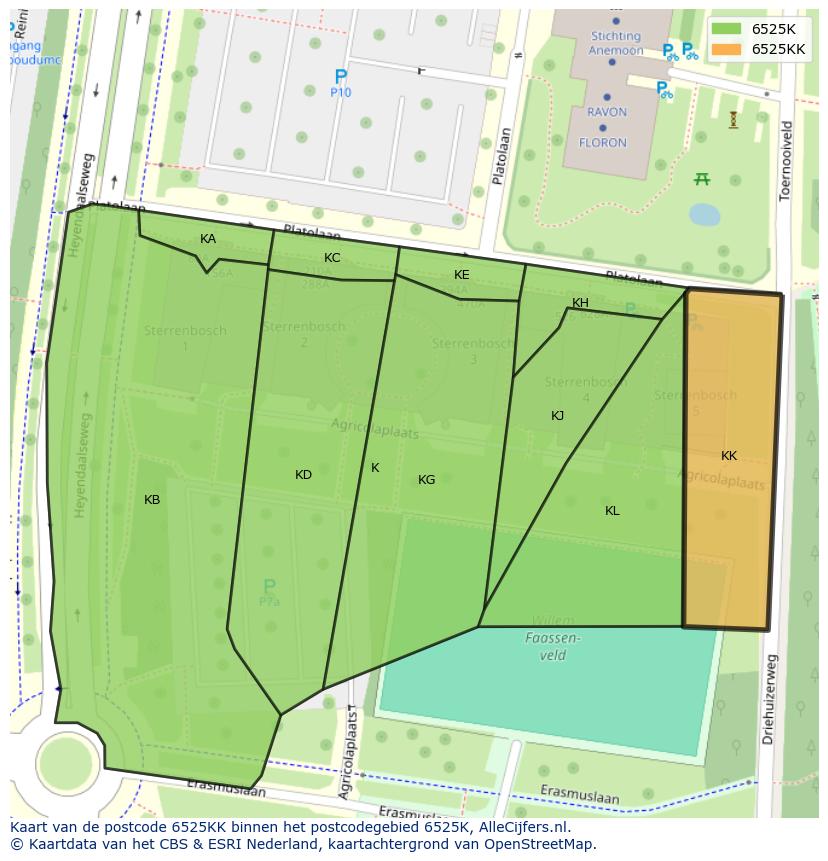 Afbeelding van het postcodegebied 6525 KK op de kaart.