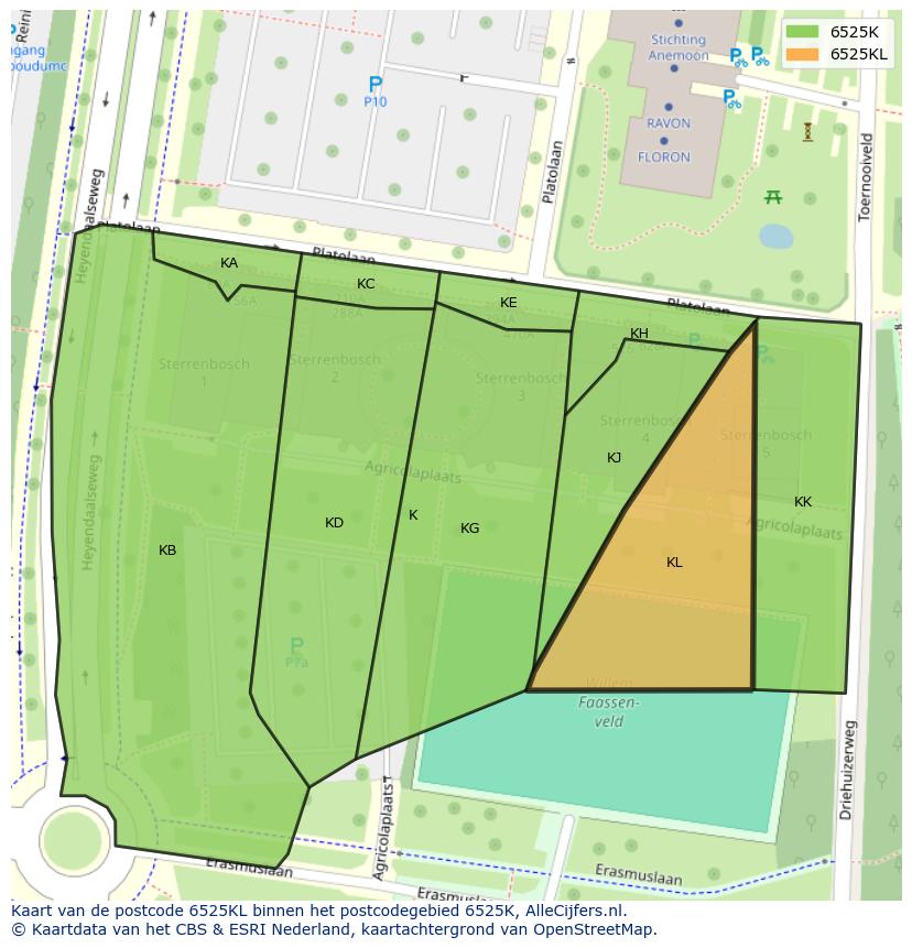 Afbeelding van het postcodegebied 6525 KL op de kaart.