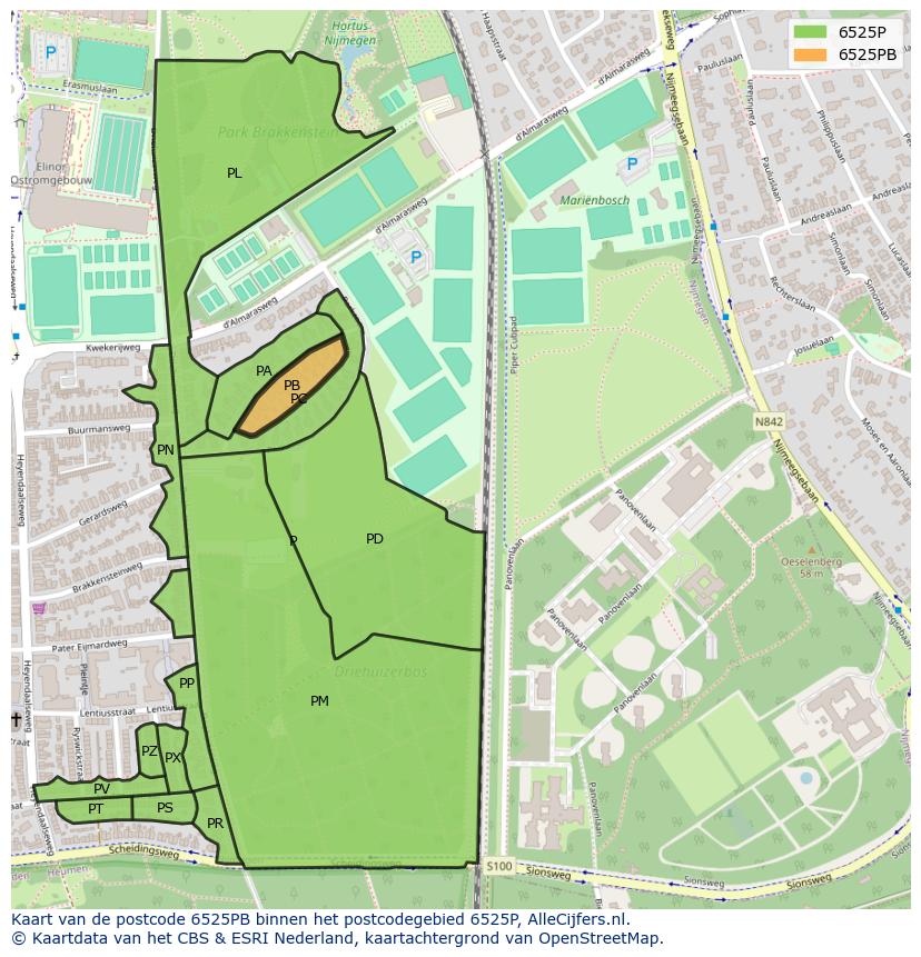 Afbeelding van het postcodegebied 6525 PB op de kaart.