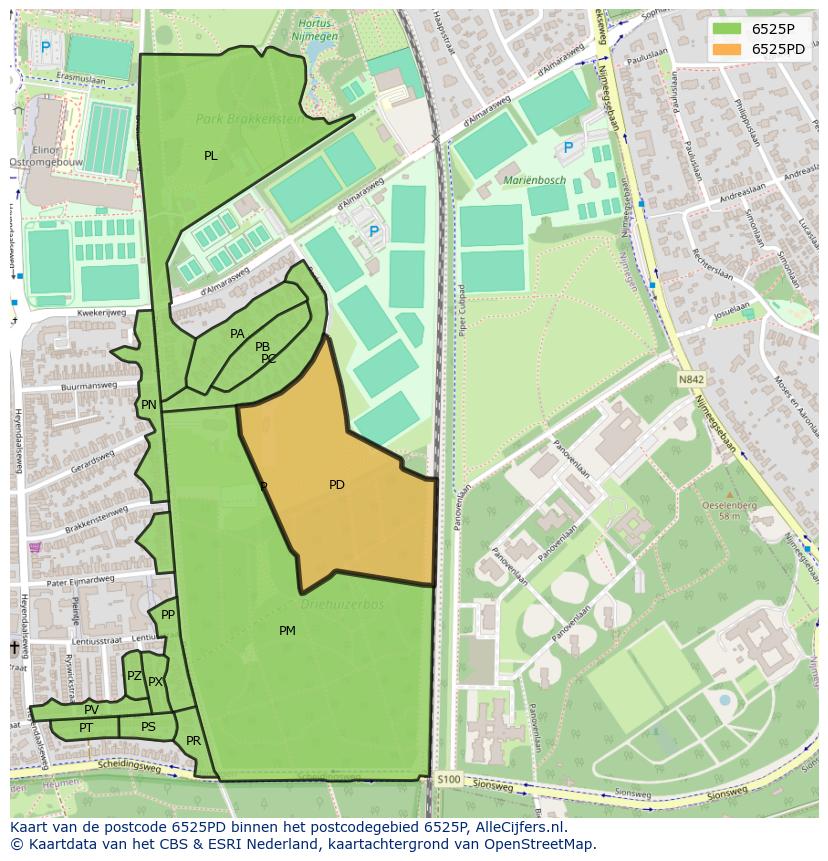 Afbeelding van het postcodegebied 6525 PD op de kaart.