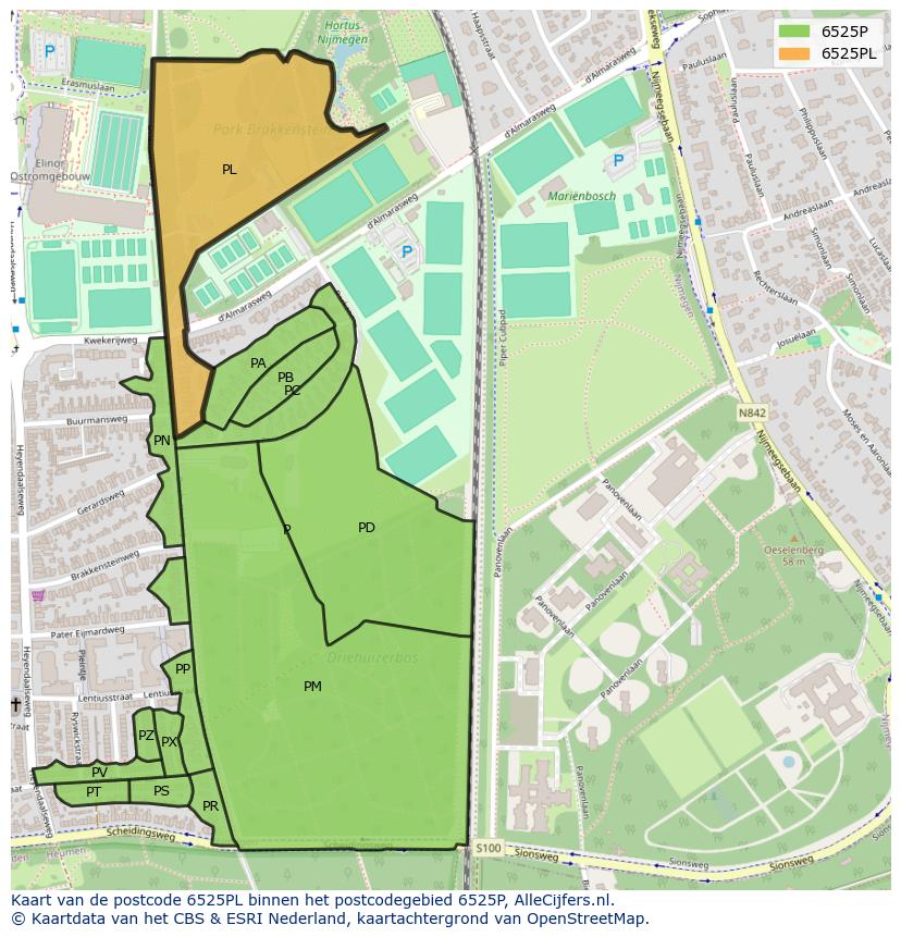 Afbeelding van het postcodegebied 6525 PL op de kaart.