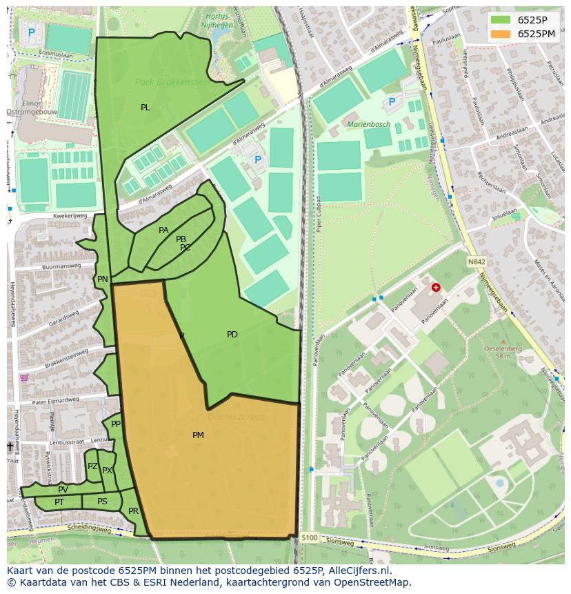 Afbeelding van het postcodegebied 6525 PM op de kaart.