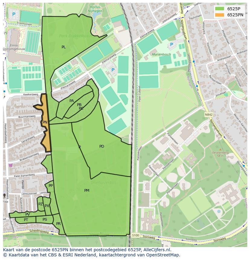 Afbeelding van het postcodegebied 6525 PN op de kaart.