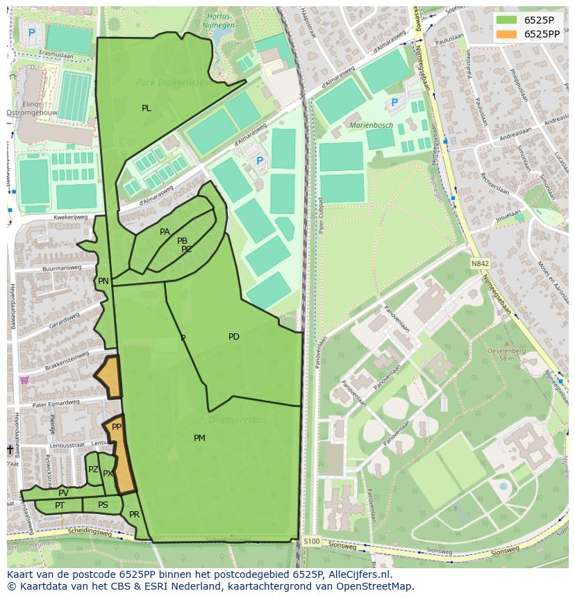 Afbeelding van het postcodegebied 6525 PP op de kaart.