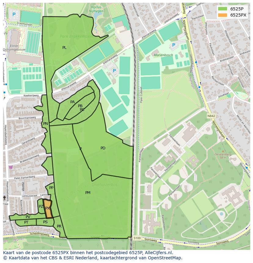 Afbeelding van het postcodegebied 6525 PX op de kaart.