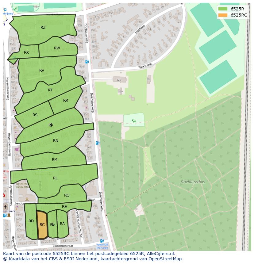 Afbeelding van het postcodegebied 6525 RC op de kaart.