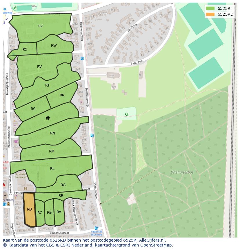 Afbeelding van het postcodegebied 6525 RD op de kaart.