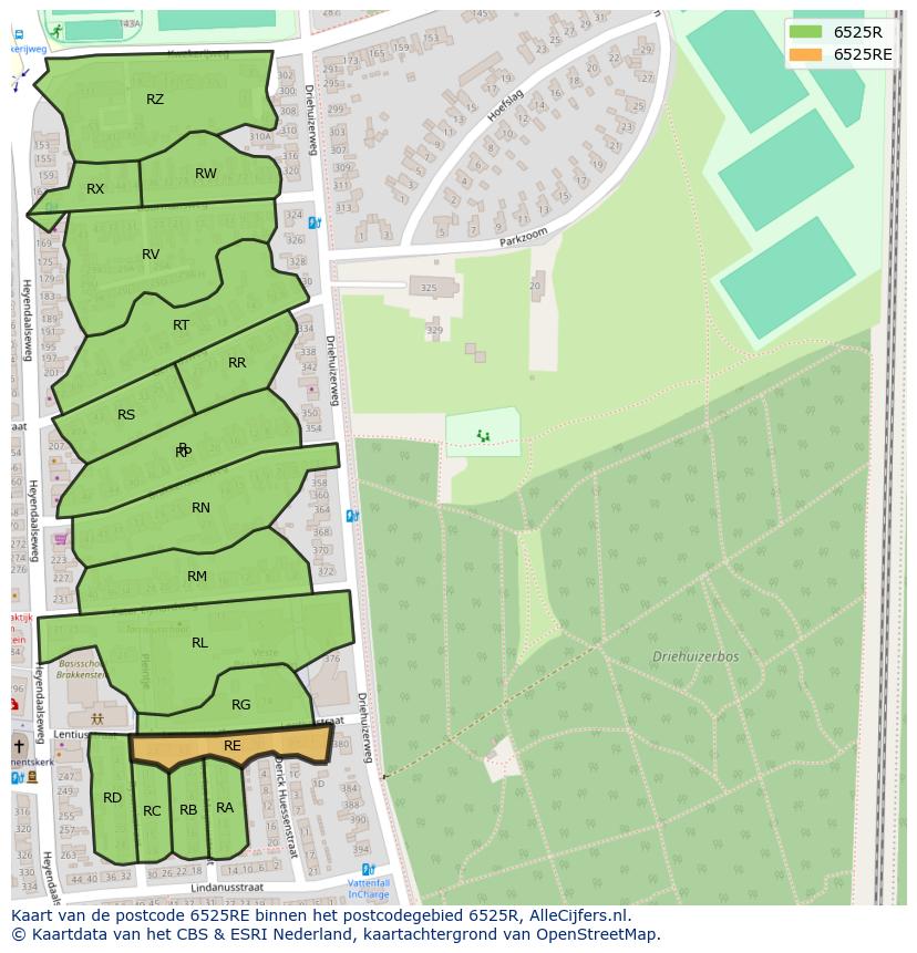 Afbeelding van het postcodegebied 6525 RE op de kaart.
