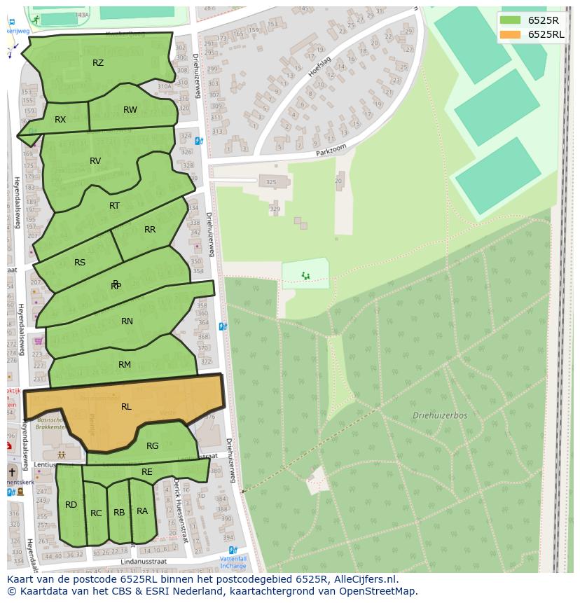 Afbeelding van het postcodegebied 6525 RL op de kaart.
