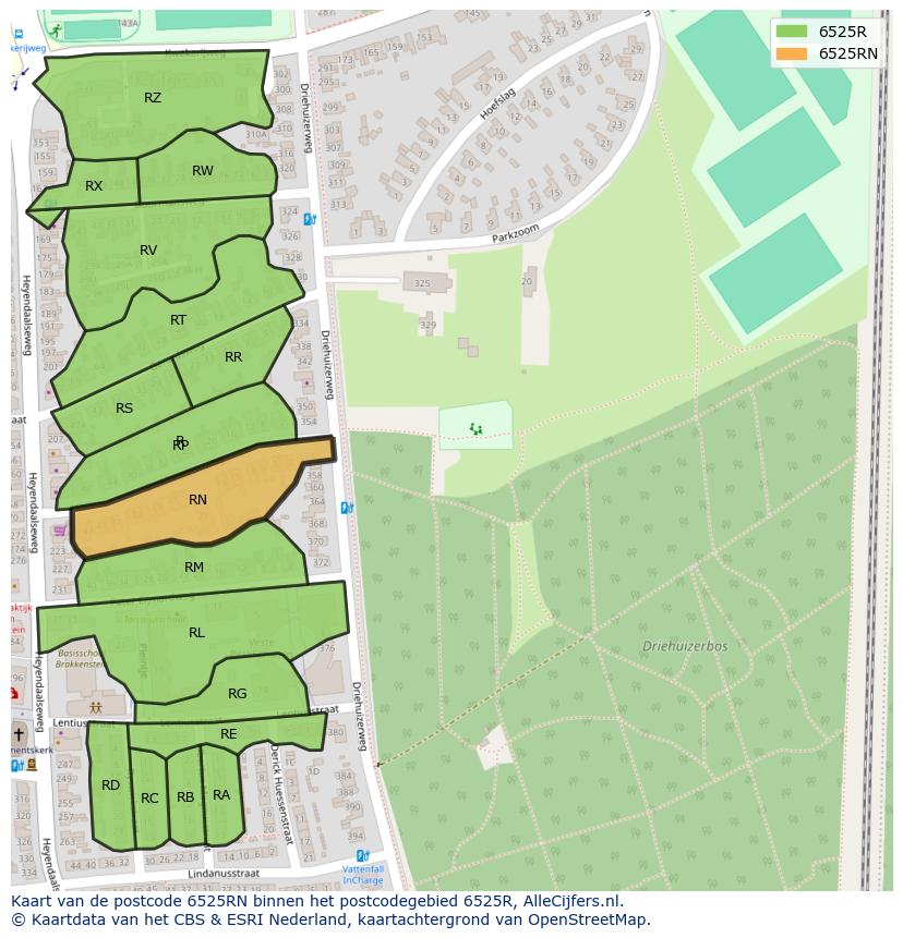 Afbeelding van het postcodegebied 6525 RN op de kaart.