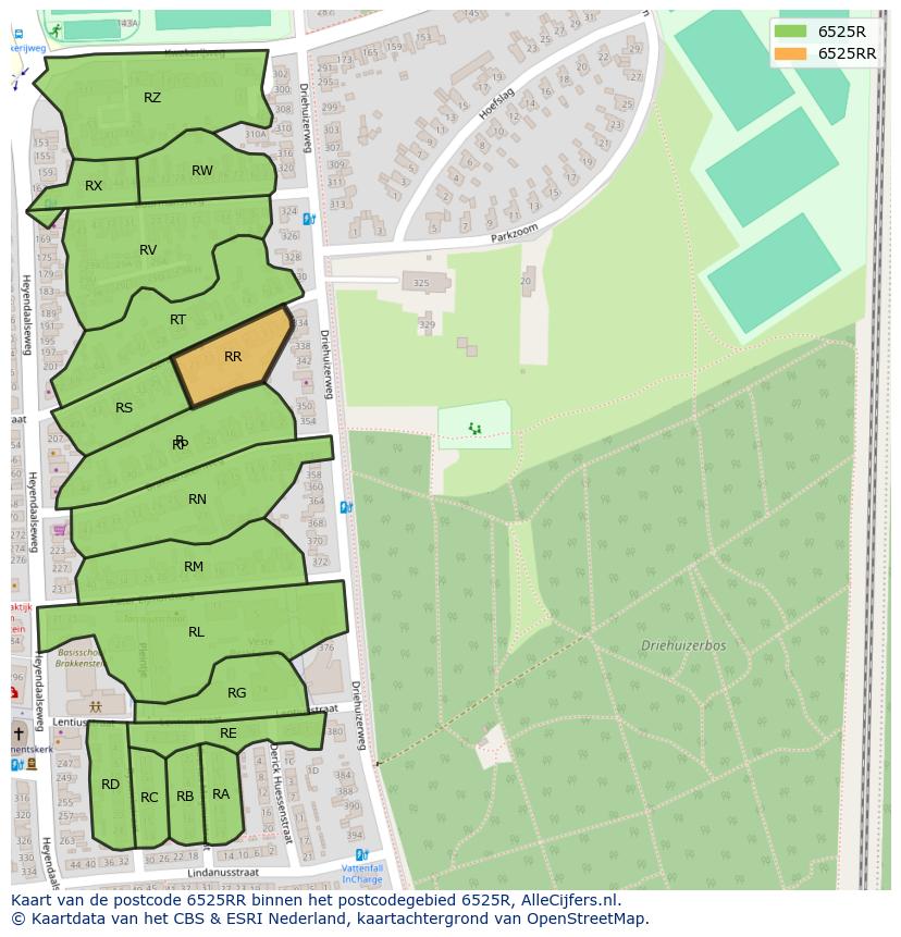 Afbeelding van het postcodegebied 6525 RR op de kaart.