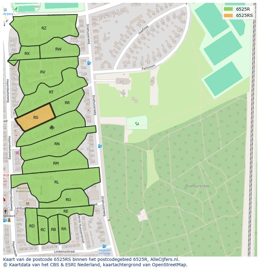 Afbeelding van het postcodegebied 6525 RS op de kaart.