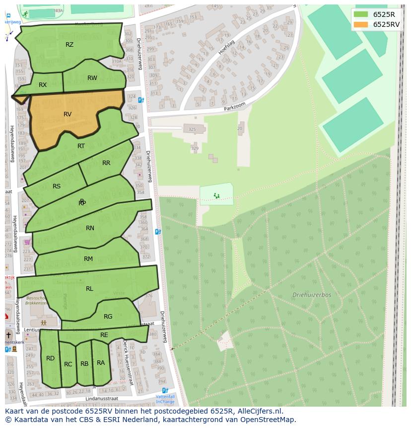 Afbeelding van het postcodegebied 6525 RV op de kaart.