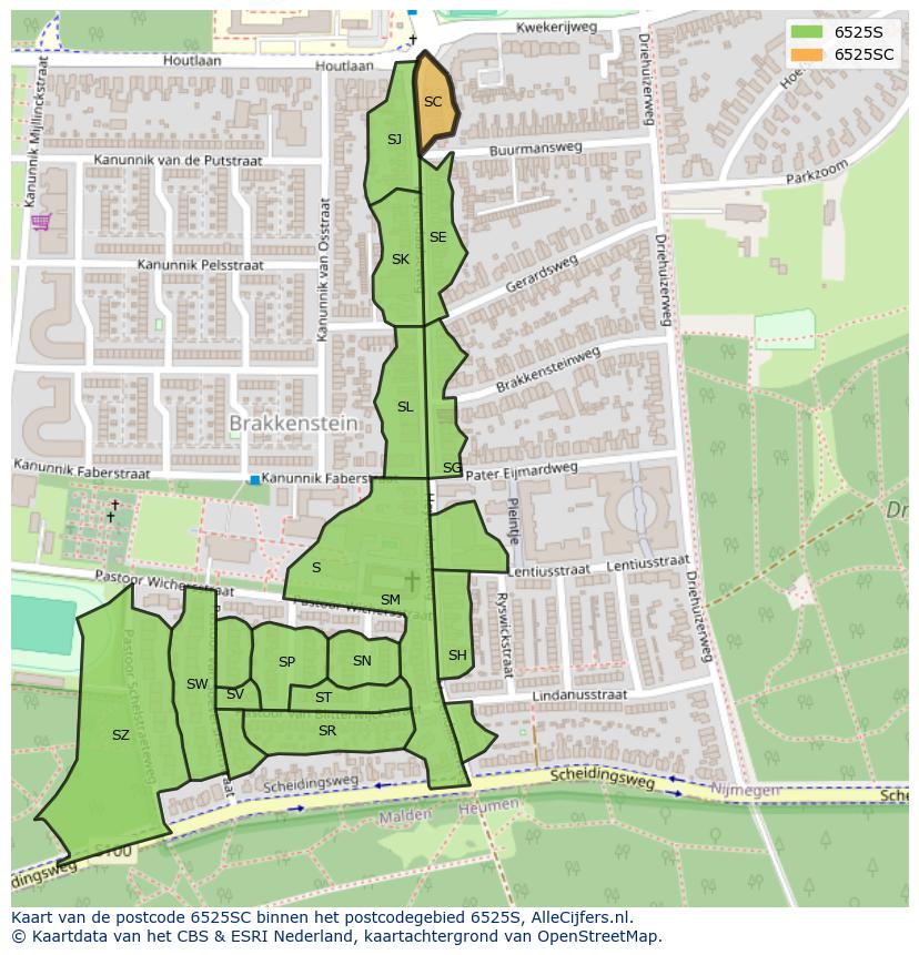 Afbeelding van het postcodegebied 6525 SC op de kaart.