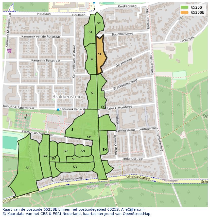 Afbeelding van het postcodegebied 6525 SE op de kaart.