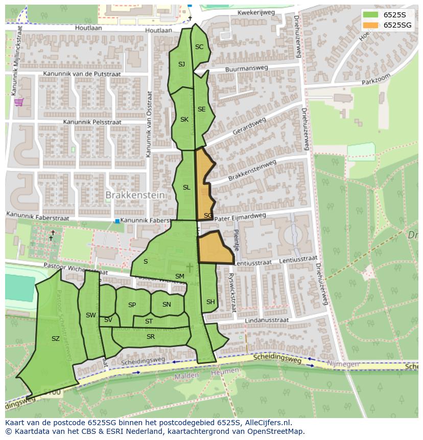 Afbeelding van het postcodegebied 6525 SG op de kaart.